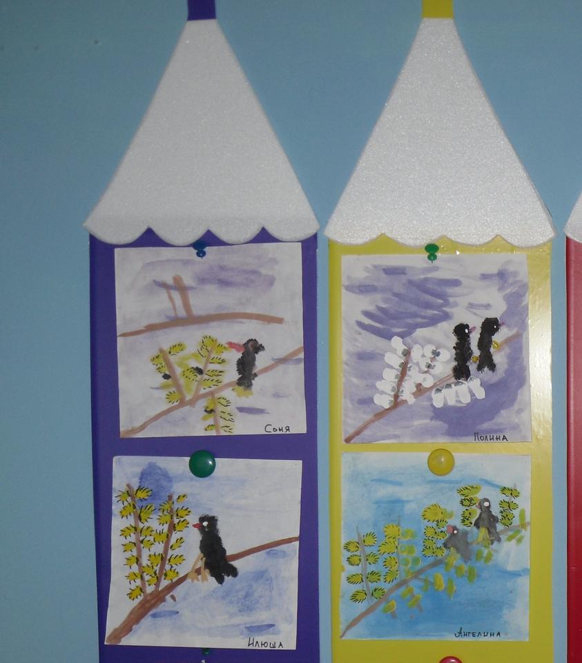 Рисование детей подготовительной группы на тему: "Скворцы прилетели".  Цель: Развитие творческих способностей детей. Обогащать знания детей о перелетных птицах, формировать представления о повадках, привычках, особенностях внешнего вида.